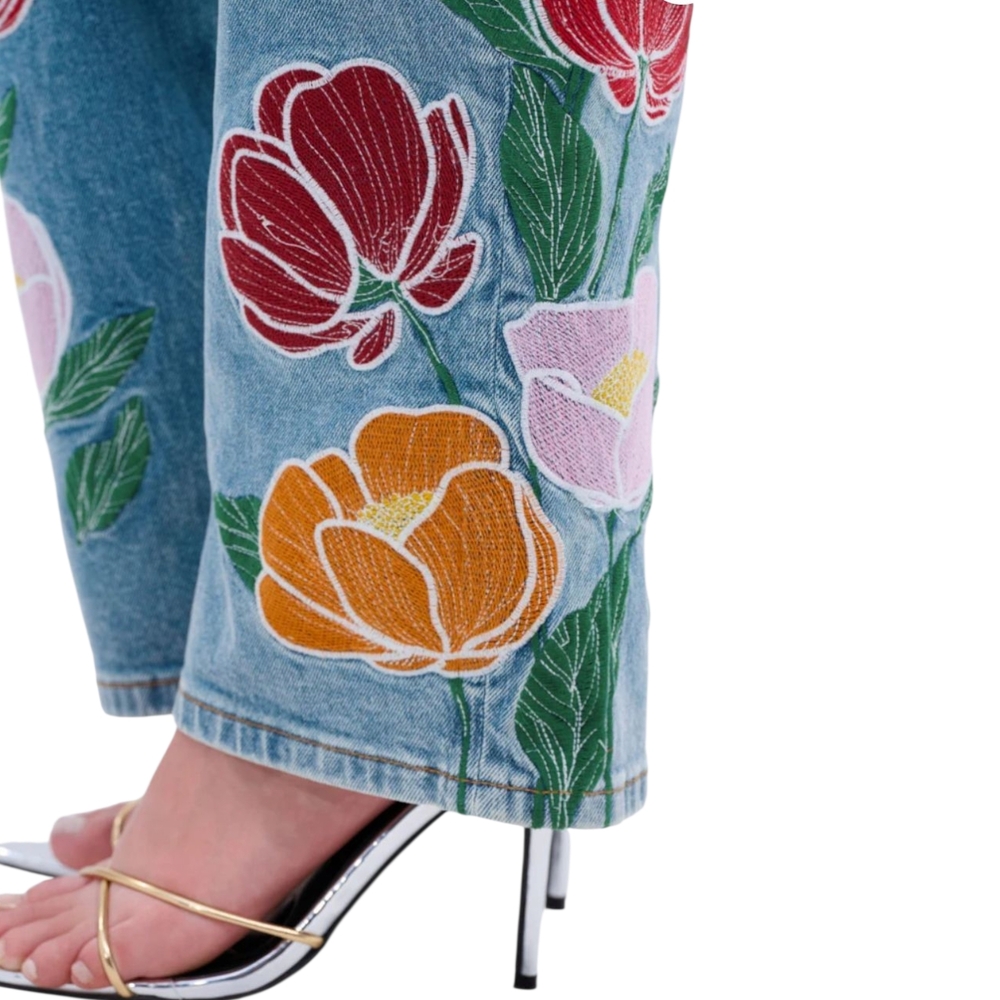New! AKIRA Blue Jeans with Colorful Floral Embroidery - Picture 8 of 8